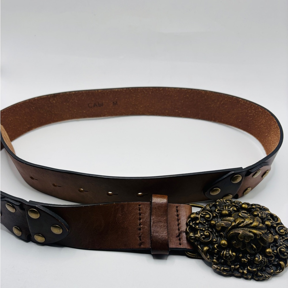 CAbi Leather Belt Size M Ornate Floral Brass Buckle Brown Statement